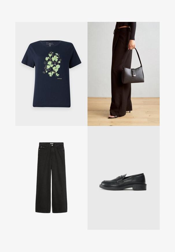 Temno modra majica iz bombaža s svetlo zelenim in modrim cvetličnim vzorcem, obrobljenim z rumeno, na sprednji strani. Kratki rokavi in okrogla izreza.; Široke črne denim hlače z visokim pasom. Imajo pet žepov, kovinske dodatke in čist zaključek. Njihova tekstura je gladka in mehka.; Črne usnjene loafer čevlje z zaobljenim nosom, šivanim detajlom in majhnim peto. Gladka tekstura in fleksibilen gumijast podplat.; Črna torbica z strukturirano obliko, gladko teksturo in kovinskim zaponko. Ujemajo se z širokimi črnimi hlačami in odprtimi sandali na lesenem tleh.