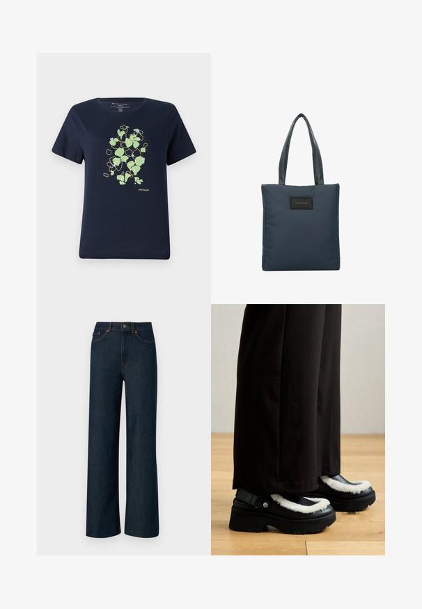Námořnický modrý tričko vyrobené z bavlny, s jemným zeleno-modrým květinovým vzorem obrysem v žluté barvě na přední straně. Krátké rukávy a kulatý výstřih.; Široké tmavomodré džíny z denimu s kontrastním oranžovým prošíváním, pěti kapsami a knoflíkovým zapínáním. Hladká textura látky.; Černé platformové boty mají bílý chlupatý lem, kulatou špičku a pásek s kovovým knoflíkem. Jsou nošeny s černými kalhotami na dřevěné podlaze.; Tmavě modrá taška přes rameno vyrobená z hladkého nylonu, s dvěma strukturovanými uchy a černým obdélníkovým logem na přední straně.