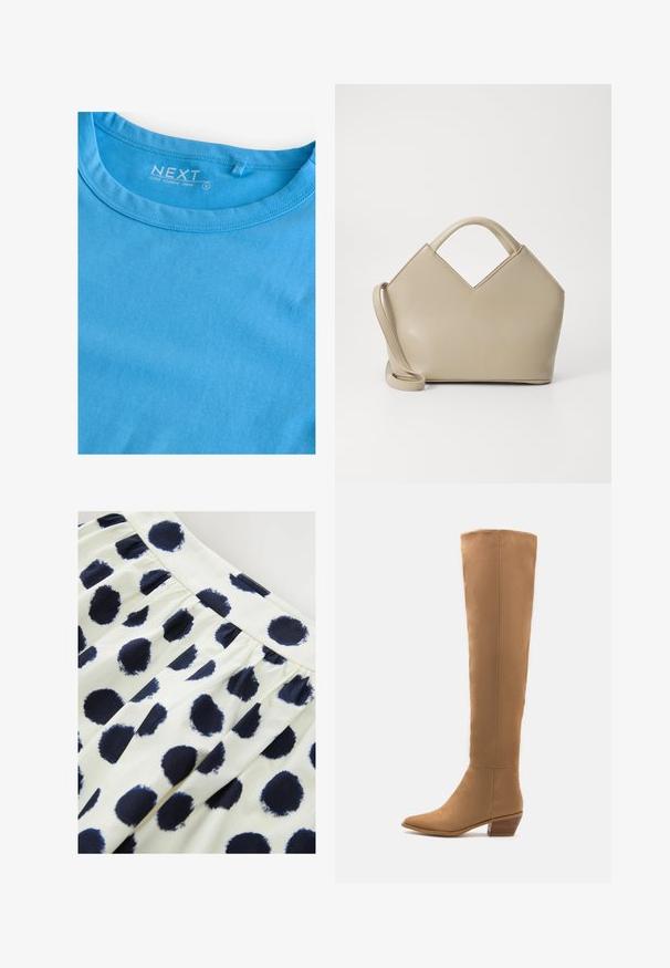 Koszulka z długim rękawem w jednolitym, jasnoniebieskim kolorze z bawełny. Posiada okrągły dekolt i proste przeszycia. Metka z napisem "NEXT", rozmiar S.; Biała spódnica z materiału z granatowymi, okrągłymi kropkami. Spódnica ma marszczoną talię i gładką teksturę.; Kozaki sięgające do kolan w jasnym odcieniu, wykonane z gładkiego materiału, z ostrym noskiem i niskim, grubym obcasem. Prosty design, bez widocznych wzorów czy akcentów.; Beżowa torebka o wyraźnej strukturze z wklęsłym górnym brzegiem, wykonana z gładkiej skóry, z krótkimi uchwytami oraz długim regulowanym paskiem. Minimalistyczny design.