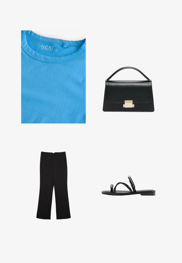 Dlhý rukáv, crew tričko v jednofarebnej svetlomodrej bavne. Má okrúhly výstrih a jednoduché švy. Na štítku je nápis "NEXT," veľkosť S.; Čierne nohavice so strihom rovného strihu, s prednými vreckami a bočnými rozparkami na leme. Vyrobené z mäkkej, hladkej tkaniny. Vhodné na rôzne príležitosti.; Čierne ploché sandále s lesklým povrchom, tromi tenkými popruhmi a okrúhlou kovovou ozdobou na prste. Elegantný dizajn s minimálnym podpätkom.; Čierna kožená kabelka so štruktúrovaným prevedením, horným madlom a detailom zlatého kovového uzáveru na prednej strane. Hladká textura, minimálne šitie.