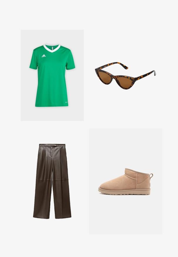 Grøn atletisk trøje med hvid V-hals og korte ærmer. Lavet af åndbart stof med et Adidas-logo på venstre bryst.; Brune læder brede bukser med en glat tekstur, der har folder foran og et klassisk taljebånddesign.; Brune ruskindsankelstøvle med en rund tå, blød tekstur, enkelt design og en lavprofil gummisål. Har en trækrem bagpå.; Kat-ejede solbriller med en sort og orange skildpaddemønstret stel, brune linser og slanke, spidse ender. Har et minimalistisk logo på skabelsen.; Brun ruskind crossbody taske med en struktureret overflade, en guldkæde detalje og en justerbar læderrem. Har en lynlås lukning.