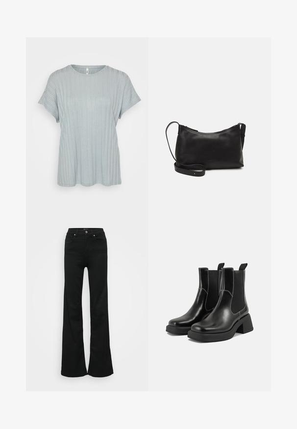 Šviesiai mėlyna dryžuota trumpų rankovių marškinėliai su apvalia iškirpte ir laisvu siluetu. Minkšta tekstūra; švelnus kritimas. Apačia šiek tiek suapvalinta.; Juodos plačios džinsinės kelnės, pagamintos iš denimo, su aukštu liemeniu, penkiomis kišenėmis ir metaliniu sagčių uždarymu. Lygi tekstūra su minimaliu dekoravimu.; Juodos odinės Chelsea botai su storiu kulnu, elastinėmis šoninėmis panelėmis ir kontrastinga balta siūle. Tekstūruota apdaila.; Juodas odinis petinis krepšys su lygiu paviršiumi, išlenkta forma, reguliuojama dirželiu ir užtrauktuku. Minimalistinis dizainas be puošmenų.