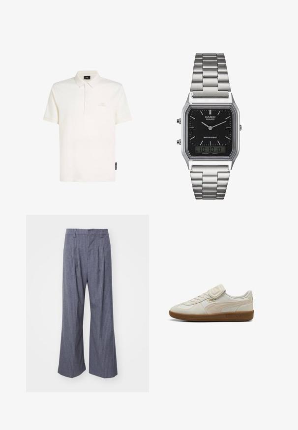 Bílá polo košile z bavlny s límečkem, tříknoflíkovou légou a decentním logem na hrudi. Krátké rukávy, měkká struktura.; Šedé pruhované kalhoty s širokým střihem, zdobené sklady na přední straně a hladkou texturou. Žádné viditelné doplňky nebo akcenty.; Bílé kožené tenisky s texturovanými akcenty, gumovou podrážkou a zlatým logem. Obsahují tkaničky a suchý zip pro zapínání.; Stříbrné nerezové ocelové hodinky s quartzovým strojem a černým obdélníkovým ciferníkem, které mají analogové ručičky, digitální displej a označení voděodolnosti.