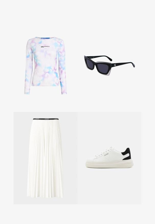 Pitkähihaainen paita sileästä, joustavasta kankaasta. Kortteessa on vaaleansinisä ja violetin kukkakuosi sekä printattu logo edessä.; Hame valkoinen pliseerattu hame mustalla joustavalla vyötäröhihnalla, jossa on "LACOSTE"-logo. Puolipitkä malli pehmeällä tekstuurilla.; Valkoiset nahkakengät paksulla valkoisella pohjalla, mustalla mokkanahkaosuudella kannassa ja kohokuvioitu logo sivulla. Nauhakeskitys kuudella reiällä.; Mustat ylisuuret aurinkolasit, joissa on geometrinen muoto, tummat linssit ja kehykseen erottuva harmaa yksityiskohta. Logo varressa.