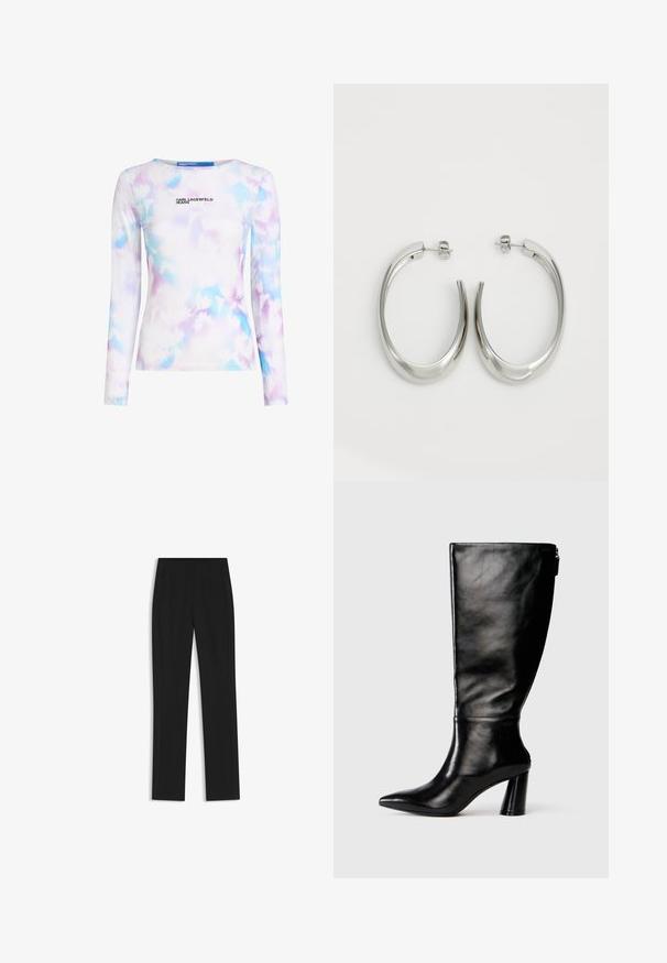 Pitkähihaainen paita sileästä, joustavasta kankaasta. Kortteessa on vaaleansinisä ja violetin kukkakuosi sekä printattu logo edessä.; Mustat räätälöidyt housut suoran lahkeen designilla, joissa on etutaskut ja sileä, teksturoitu kangas. Siistit, minimalistiset yksityiskohdat.; Mustat nahkasaappaat, joissa on terävä kärki, sileä pinta ja paksu korko. Takana on vetoketjuyksityiskohta.; Hope hopeista, joissa on sileä, kaareva muotoilu. Varustettu kiiltävällä metallipinnoitteella ja nappikiinnityksellä. Ei näkyviä kuvioita tai koristeluja.