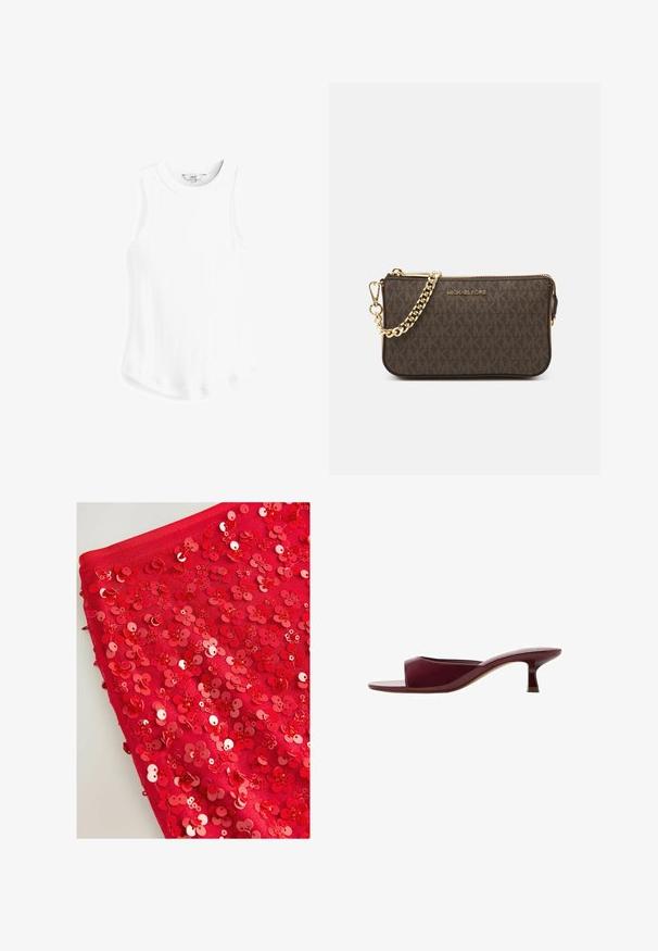 Next RACER STANDARD - Top - white rib; Červená látka pokrytá lesklými červenými flitry ve tvaru květin, s různými velikostmi a texturami, vytvářející vrstvený, texturovaný vzhled.; Burgunďské sklápěcí sandály s otevřenou špičkou, které mají lesklý povrch, nízký jehlový podpatek a minimalistický design s hladkým, zakřiveným tvarem.; Hnědá kožená crossbody taška s logem, zlatým řetízkem, zipovým uzávěrem a zlatými akcenty. Kompaktní a obdélníkový tvar.; Zlacené prsteny s hladkými, zaoblenými tvary, které se proplétají. Vysoce lesklý povrch s reflexními vlastnostmi, který ukazuje bezproblémový design.