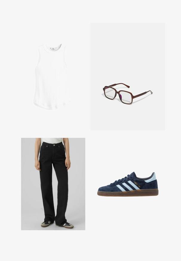 Next RACER STANDARD - Top - white rib; Schwarze, hochgeschnittene Jeans mit geradem Bein, aus Denim gefertigt, mit zwei vorderen Taschen und Messingdetails.; Marineblaue Wildleder Adidas Sneaker mit hellblauen Streifen, Gummisohle, hellblauer Fersenkappe und goldener "Spezial"-Markierung an der Seite.; Braune, rechteckige Brille mit transparenten Gläsern und lila Tönungen. Glatter Kunststoffrahmen mit geraden Bügeln und dezenten Akzenten.; Braune Kunstleder-Schultertasche mit geschwungener Form, minimaler Naht und goldfarbener Hardware-Akzent. Verfügt über einen oberen Reißverschluss und einen verstellbaren Trageriemen.