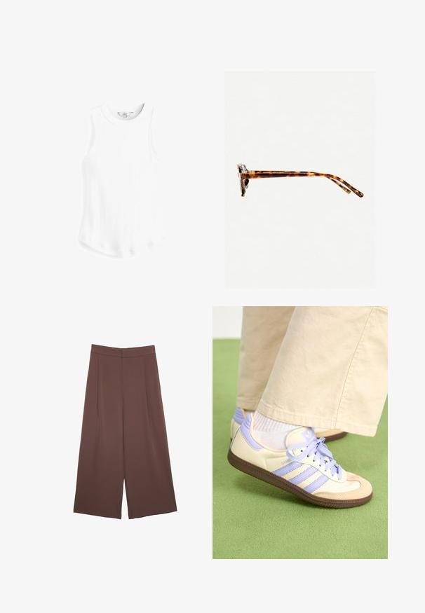 Next RACER STANDARD - Top - white rib; Brown wide-leg trousers with a smooth texture, featuring a high waist and front pleats. The fabric is lightweight and flows loosely.; Cream and lavender sneakers with three stripes and a textured brown sole, featuring laces and a padded heel. Soft fabric upper.; Tortoiseshell sunglasses with a thick frame, slightly curved temples, and smooth texture. Features a classic design with a glossy finish.