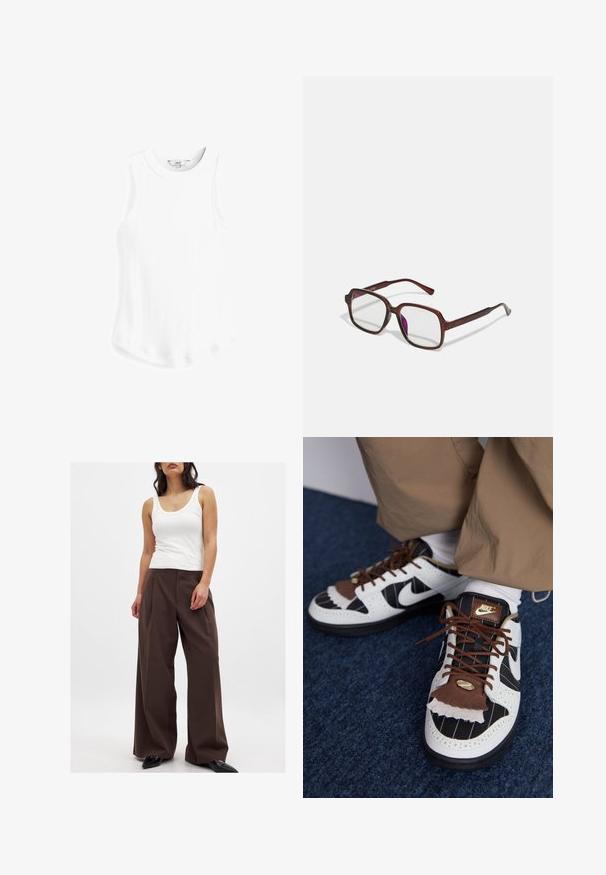 Next RACER STANDARD - Linne - white rib; Bruna vida-byxors med en slät textur, med hög midja och pressade veck; i kombination med en vit linne. Svarta spetsiga skor.; Nike-sneakers i vitt, svart och brunt material. Utökat med en texturerad brun klaff, randig design och traditionell snörning med gulddetaljer.; Bruna, rektangulära glasögon med genomskinliga linser och lila toning. Slät plastbåge med raka skalmar och subtila detaljer.; Burgunderröd läderhandväska med rundad form, kedja och läderrem, med veckad detalj och dragkedjestängning på sidan.; Halsband med tre lager bestående av guldkedjor, en silverpärlsladdning och en central knutdetalj. Inkluderar en justerbar låsning.