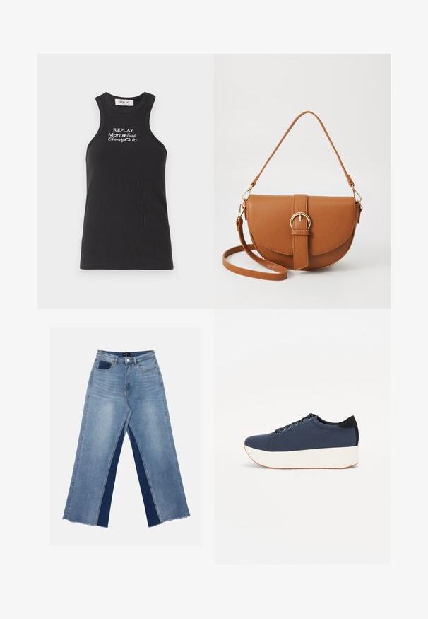 Mustat ribbipintaiset hihattomat paidat, joissa on korkea kaula-aukko ja urheilullinen selkäosa. Varustettu valkoisella brodeeratulla tekstillä: "REPLAY MonteCarlo CountryClub."; Vaaleansiniset leveät farkut, joissa on tummansiniset kontrastipaneelit, repaleiset helmankohdat ja normaali vyötärö metallinappisuljennalla.; Sotilaspunainen tennari, jossa on teksturoitu kangasyläosa, valkoinen alustan pohja, pyöreä kärki ja musta kantapääkorostus. Varustettu kuudella nyörille tarkoitetulla reikällä.; Ruskean nahkainen olkalaukku, jossa on kaareva muoto, kultaiset yksityiskohdat ja solkiyksityiskohta. Varustettu irrotettavalla olkahihnalla.