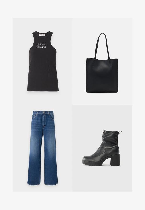 Črn rebrast top brez rokavov z visokim izrezom in obliko tekmovalnega hrbta. Ima bele vezenine z besedilom: "REPLAY MonteCarlo CountryClub."; Široke denim hlače v srednjem modrem odtenku, z zasnovo petih žepov, gumbom za zapiranje in subtilnim zbledeljem na stegnih za teksturo.; Črne gležnjarje iz gladke kože z božnim zadrgo, masivnim teksturiranim peto in zaobljeno obliko prstov.; Črna usnjena torba s svilnato teksturo, pravokotne oblike in dvema dolgima ročajema. Brez vidnih metalnih delov ali okrasnih elementov.