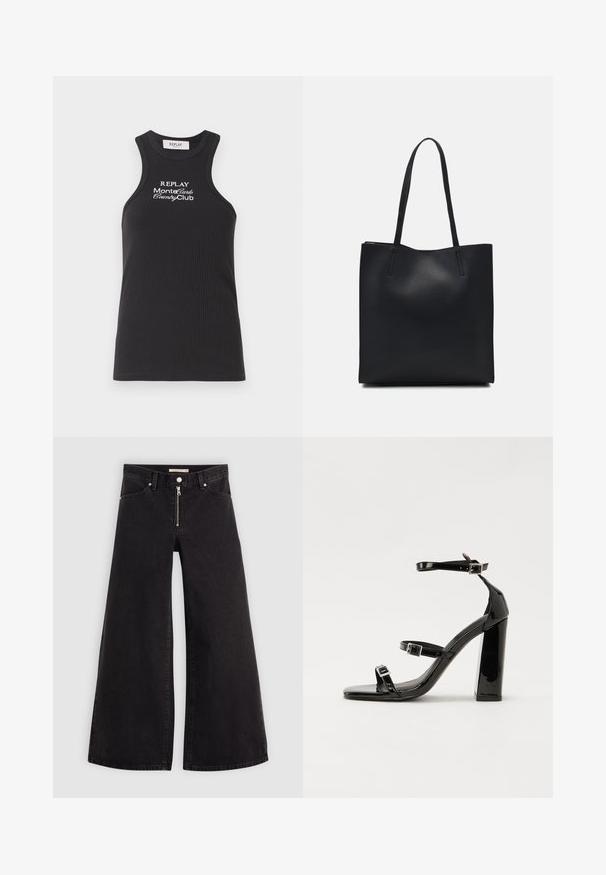 Zwarte geribbelde tanktop met een hoge hals en racerback ontwerp. Bevat witte geborduurde tekst: "REPLAY MonteCarlo CountryClub."; Wijdvallende jeans van zwarte denim met een ritssluiting aan de voorkant, vijf zakken en subtiele stikdetails. Soepele textuur en casual stijl.; Zwarte gepatenteerde sandalen met hak en een vierkante neus, enkelbandjes en zilveren gespen. Heeft een stevige blokhak voor stabiliteit.; Zwarte leren handtas met een gladde textuur, rechthoekige vorm en twee lange handvaten. Geen zichtbare hardware of versieringen.