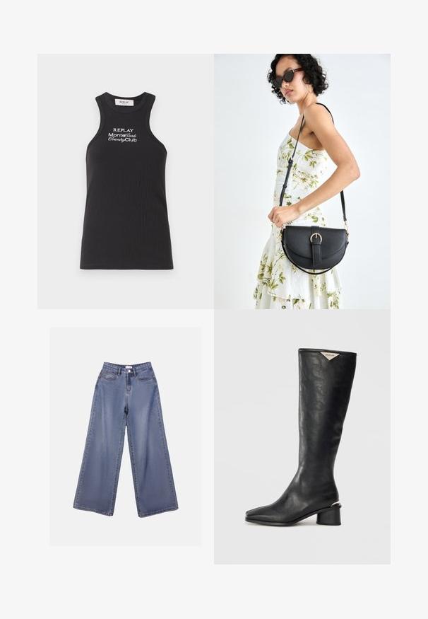 Sort ribbet tanktop med høj halsudskæring og racerback-design. Har hvid broderet tekst: "REPLAY MonteCarlo CountryClub."; Bredde denim jeans i en lys blå vask, med høj talje, forlommer og knaplukning med bæltestropper.; Sort knælang støvle lavet af glat læder, med firkantet tå og en medium blokhæl med en metallisk accent på hælen.; Sort læderhåndtaske med en buet form, aftagelig rem og guldfinish. Tasken har en klap med en spænde detalje.
