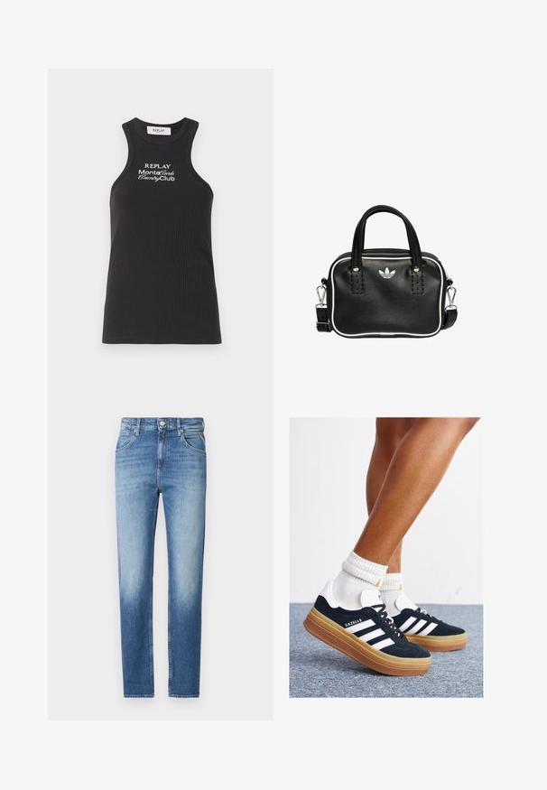 Zwarte geribbelde tanktop met een hoge hals en racerback ontwerp. Bevat witte geborduurde tekst: "REPLAY MonteCarlo CountryClub."; Lichtblauwe spijkerbroek met een rechte fit, vervaagde textuur, vijf zakken en een knoopsluiting aan de taille. Kenmerkende stiksel-details.; Zwarte suède sneakers met witte strepen en accenten, ronde neus, gum rubberen buitenzool, gecombineerd met witte geribbelde crewkousen.; Zwarte leren handtas met twee korte handvatten, zilverkleurige hardware, witte accenten en een wit logo. Heeft een gestructureerd oppervlak en een compact ontwerp.