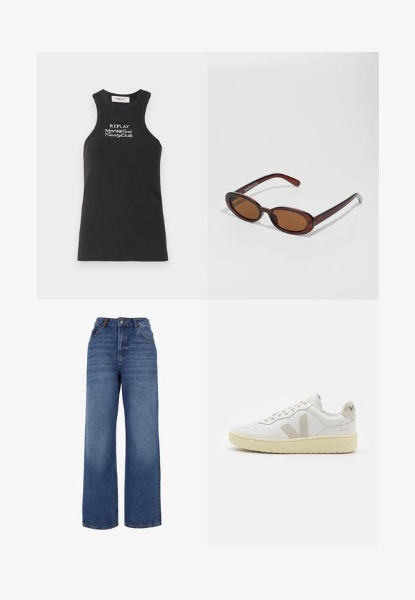 Fekete bordázott ujjatlan felső magas nyakkivágással és versenyhát kialakítással. Fehér hímzett felirat: "REPLAY MonteCarlo CountryClub."; Bőszárú farmernadrág, közepes súlyú kék pamutból készült. Klasszikus öt zsebes dizájn és cipzáras, gombos záródás jellemzi.; Fehér bőr sneaker bézs velúr részletekkel, perforált orr résszel, lapos fűzőkkel és textúrált krémszínű talppal. Finom márkajelzés található a sarkán.; Kerek, barna árnyalatú napszemüveg fényes burgundi kerettel. Karcsú karok diszkrét márkázással. Lapos lencse kialakítás.