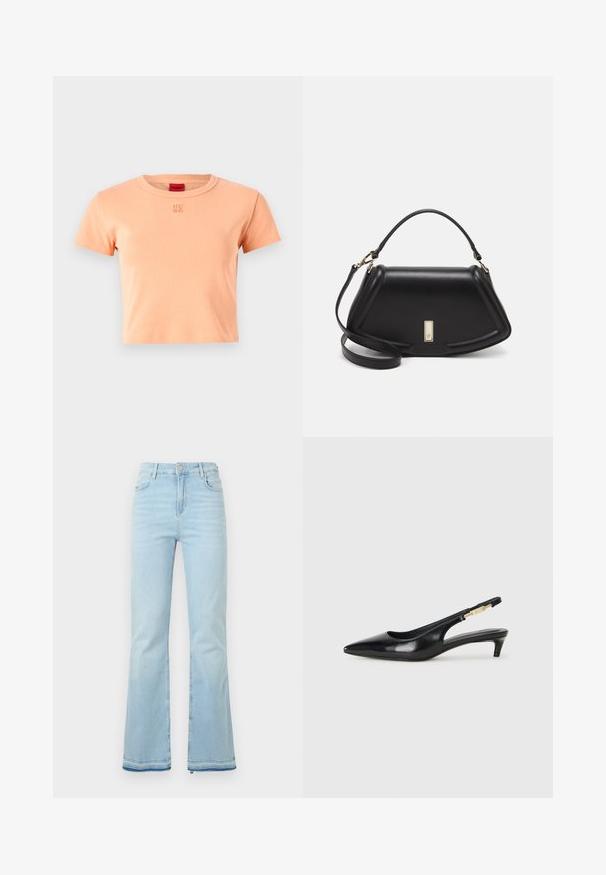 Kortärmad T-shirt med rund hals i ljus persika i bomull. Har en broderad "HUGO"-logotyp i matchande färg på bröstet.; Ljusblå utsvängda jeans i denim med hög midja, framfickor och rå kant vid bensluten för en avslappnad stil.; Svart läder slingback-hälar med spetsig tå, med en smal klack och en guldtonad detalj på den justerbara remmen. Slät textur.; Svart läderhandväska med en strukturerad design, som har en avskuren form, ett handtag upptill och guldiga detaljer. Justerbar axelrem ingår.