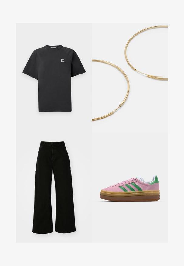 Sort bomuld t-shirt med rund halsudskæring, korte ærmer og en rektangulær logo-patch på venstre side af brystet.; Sort brede cargo-bukser lavet af denim, med høj talje, frontknaplukning og sidelommer. Glat tekstur med minimal syning.; Lyserøde ruskindsneakers med grønne striber, hvide accenter og en brun gummisål. Har tekstureret stof og logodetaljer på siden.; Guldfarvede hoops øreringe, tynde og runde i formen, med en glat metallisk finish uden udsmykninger eller mønstre.