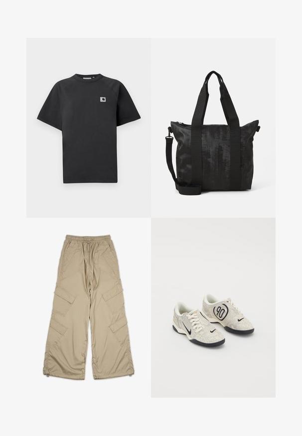 Fekete pamut póló, kerek nyakkivágással, rövid ujjal, bal oldalon rövid téglalap alakú logóval a mellkason.; Beige cargo nadrág, állítható derékkal, több oldalsó zsebbel és laza szabással. Könnyű, sima anyagból készült, varrási részletekkel.; Nike sneaker bézs és szürke textúrával ellátott felsőrésszel, fekete kiegészítőkkel, egy nagy "90" logóval és fehér fűzős záródással. Fekete talp.; Fekete tote táska texturált anyagból, dupla felső fogantyúval és levehető vállpánttal. Zippzáras záródással biztosítja a biztonságos tárolást.