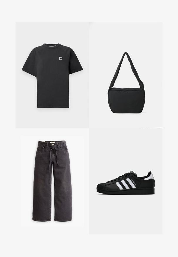 Black cotton t-shirt featuring a crew neckline, short sleeves, and a rectangular logo patch on the left side of the chest.; Black wide-leg jeans made of denim, featuring a drawstring waist, five pockets, and contrast stitching details. Flat-front design.; Black Adidas Superstar sneaker with white stripes, shell toe, and "Superstar" text on side, shown in side profile on white background.; Black shoulder bag with a padded texture, a rounded shape, and a wide strap, featuring an embossed logo on the front.