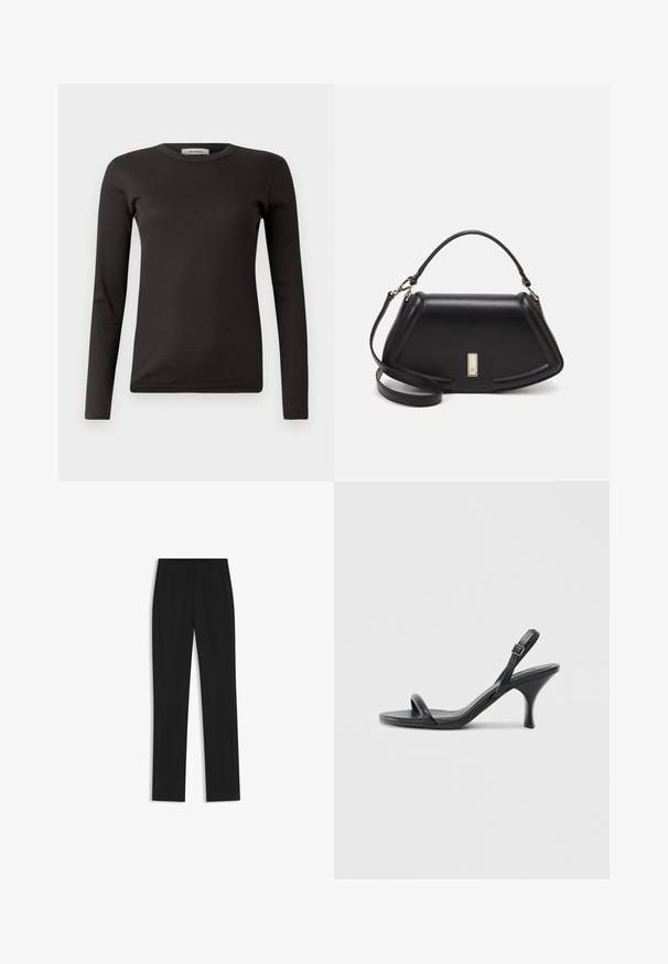 Black long-sleeve ribbed t-shirt with a round neckline and a fitted design. Made from a soft cotton material, suitable for layering.; Black tailored trousers with a straight-leg design, featuring front pockets and a smooth, textured fabric. Neat, minimal detailing.; Black leather high-heeled sandals with a slim, curved heel and a crossed strap design. Adjustable ankle strap. Smooth texture.; Black leather handbag with a structured design, featuring a cropped shape, top handle, and gold hardware accent. Adjustable shoulder strap included.