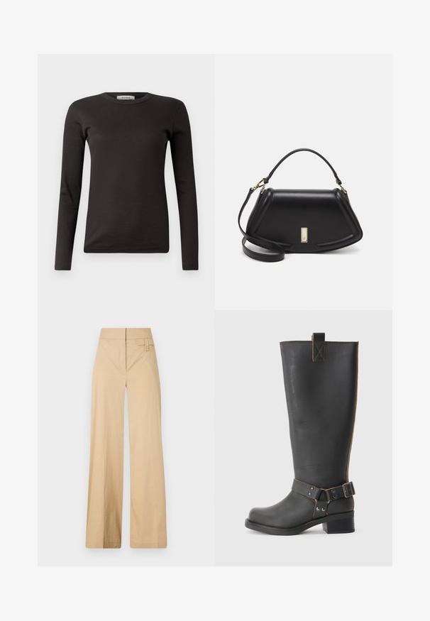 Black long-sleeve ribbed t-shirt with a round neckline and a fitted design. Made from a soft cotton material, suitable for layering.; Beige wide-leg pants made of cotton blend fabric. Features a smooth texture, elastic waistband, and a side button detail.; Black leather knee-high boot with a textured finish, featuring a side buckle accent and a low heel. Detailed stitching along the seams.; Black leather handbag with a structured design, featuring a cropped shape, top handle, and gold hardware accent. Adjustable shoulder strap included.
