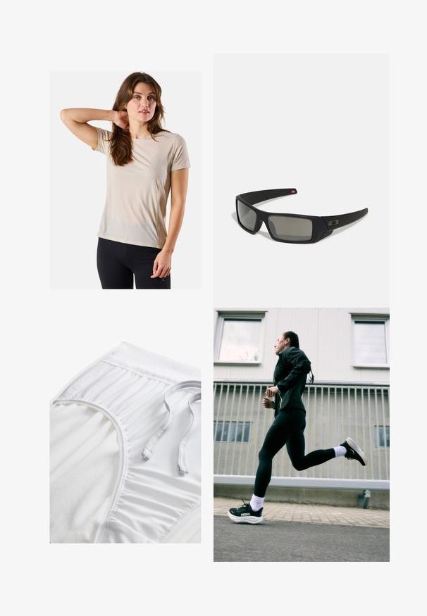 Beige trænings t-shirt med korte ærmer, letvægtsmateriale, glat tekstur og subtile syninger, parret med sorte tætsiddende bukser.; Hvide atletiske shorts med en tekstureret talje, sammensnørede sideløsninger og en flad snoretræk. Blødt stof med en glat overflade.; Sort atletisk jakke med neonlys, sorte leggings og sorte løbesko med hvide såler, sat mod en lys grå baggrund.; Sorte solbriller med mat finish, rektangulære linser, let kurve ved templerne, diskret logo detaljer og røgfarvede linser.