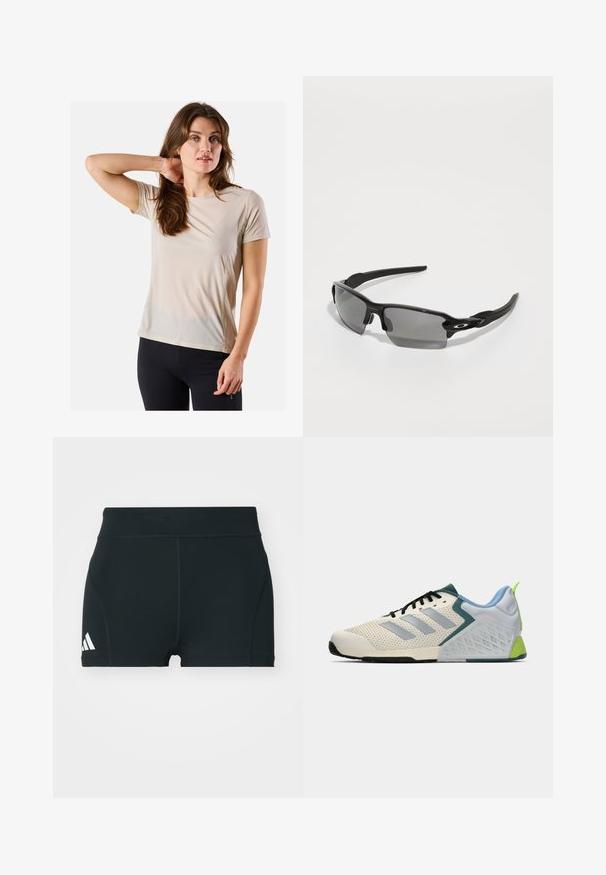 Beige athletic t-shirt with short sleeves, lightweight material, smooth texture, and subtle stitching details, paired with black fitted pants.; Black athletic shorts made of stretchy fabric, featuring a high waistband, fitted shape, and white Adidas logo on the left side.; Lightweight athletic shoes featuring a cream mesh upper, grey stripes, a green accent, and a textured blue heel counter. Black laces.; Black sports sunglasses with gray lenses, a curved frame design, and logo detail on the side. Made from lightweight plastic material.; Black running vest with mesh side pockets, reflective accents, and a front zip pocket. Lightweight fabric designed for comfort and breathability.