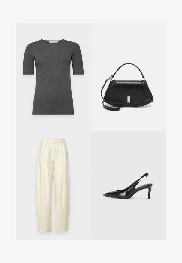 Halli lühikeste varrukatega särk, mis on valmistatud pehmest ja venivast kangast, ümmarguse kaelusega ja kitsas kujuga, omades sileda tekstuuri ja minimaalse disainiga.; Töödeldud, kõrge vöökoha ja kergelt kreemjas kangas. Omab sirget lõiget ja siledat tekstuuri. Ilma taskute või nähtava riistvarata.; Must musta slingback kõrge kontsaga king, millel on terav nina, sile tekstuur ja kitsas pahkluu rihm, millel on kuldsete detailidega aksessuaarid.; Must mustrist käekott, millel on struktureeritud disain, lühendatud kuju, ülemine käepide ja kuldne metallist detail. Reguleeritav õlalihm on kaasas.