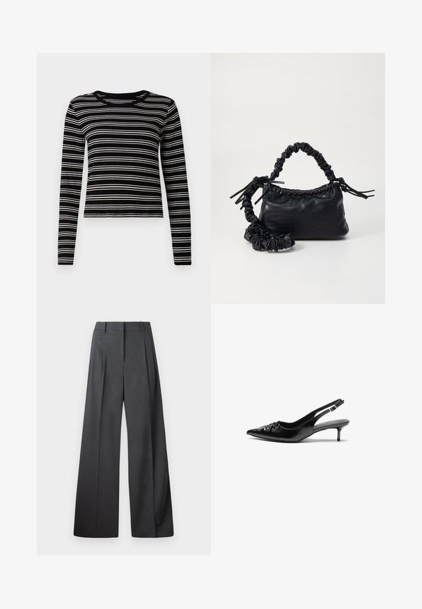 Long-sleeve black and white striped top with a ribbed texture and a crew neckline, featuring even horizontal stripes.; Wide-leg trousers in dark gray fabric, featuring a high waist, single pleats, and a smooth texture with a clean finish at the hems.; Black leather slingback heels with a pointed toe, small kitten heel, and a decorative knot detail on the front. Smooth texture throughout.; Black faux leather handbag with a crocodile texture, cinched top, and a scrunched strap. Appears soft and compact in design.