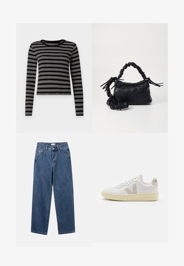 Long-sleeve black and white striped top with a ribbed texture and a crew neckline, featuring even horizontal stripes.; Classic blue denim jeans with a straight-leg design, five pockets, and a button closure. Features a medium wash and sturdy texture.; White leather sneaker with beige suede accents, perforated toe box, flat laces, and a textured cream sole. Features subtle branding on heel.; Black faux leather handbag with a crocodile texture, cinched top, and a scrunched strap. Appears soft and compact in design.
