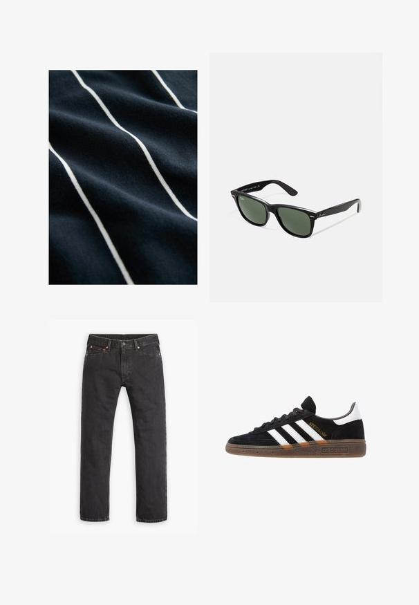 Laivamt blått tyg med vita vertikala ränder, som har en slät textur och en lätt glans som framhäver det randiga mönstret.; Mustat suorat farkut viidellä taskulla, napilla suljettavia ja kupaririveillä, asetettuna tasaisesti valkoista taustaa vasten.; Mustat Adidas-nikeset, joissa on valkoiset raidat, kultaiset "Spezial"-tekstiset, kumipohja ja valkoinen kantapää, esitetty sivuprofiilissa.; Mustat muoviset aurinkolasit, joissa on vihreät linssit, neliönmuotoiset kehykset, hopeinen yksityiskohta kulmakarvojen kohdalla sekä tekstuuriset temppeleiden varret. Brändi ilmoitettu sisävarsissa.