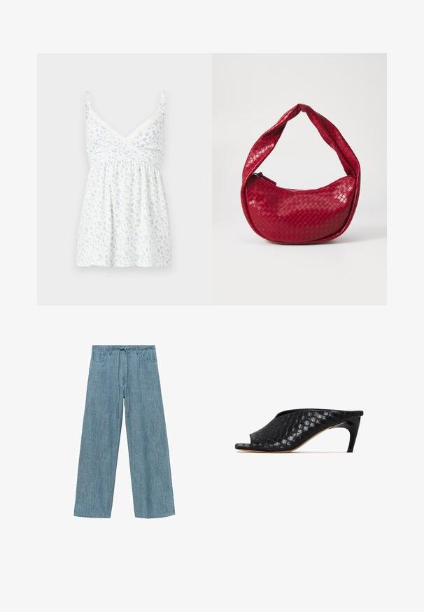 Valkoinen hihaton pusero, jossa on vaaleansininen kukkakuosi, pitsikoristeet kaula-aukolla ja rento, poimuttunut muotoilu.; Vaaleansiniset raidalliset leveälahkeiset housut, joissa on naru vyötäröllä, kahdet etutaskut ja pehmeä, strukturoidusta kankaasta valmistettu materiaali.; Mustat kudot mallit avonaisella varpaalla ja tyylikkäällä kaarevalla korolla. Materiaali on kiiltävä, ja siinä on tekstuuri, joka muistuttaa ruutukuosia.; Punainen kudottu nahkakäsilaukku, jossa on kaareva, pehmustettu kahva, vetoketjukiinnitys ja teksturoitu pinta, joka heijastaa kiiltävää hohtoa.