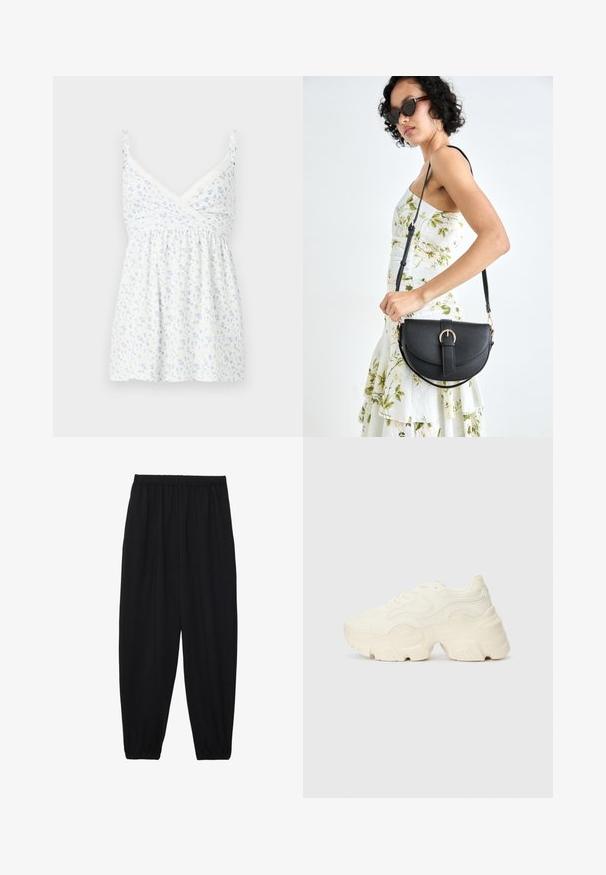 White sleeveless top with a floral pattern in light blue, lace accents along the neckline, and a relaxed, gathered design.; Black, lightweight pants with an elastic waistband and gathered ankles. The fabric is smooth and features a relaxed, tapered design.; Chunky white sneakers made of textured mesh and synthetic materials, featuring a thick sole and intricate pattern details along the sides.; Black leather handbag with a curved shape, detachable strap, and gold hardware. The bag features a flap with a buckle detail.