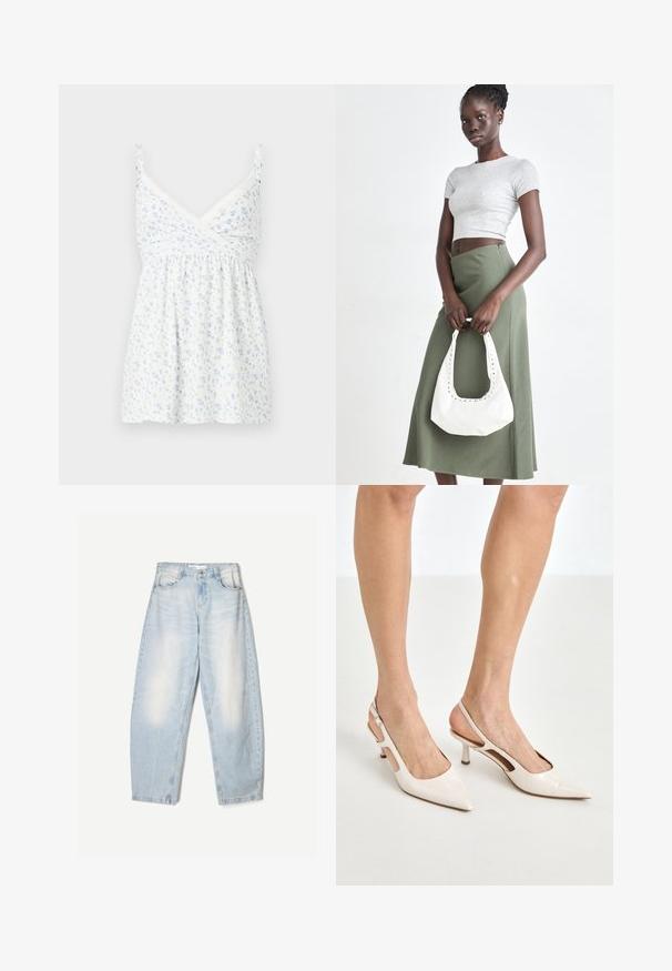 Bílý bezrukávový top s květinovým vzorem ve světle modré barvě, krajkové detaily podél výstřihu a uvolněný, nařasený design.; Světle modré džíny s volným střihem, s vybledlým povrchem, dvěma předními kapsami a zapínáním na knoflík v pase.; Béžové lakované lodičky na podpatku s špičatou špičkou a 5 cm podpatkem, se vykrojenými boky a tenkým kotníkovým páskem.; Šedý pruhovaný crop top a olivově zelená sukně s vysokým pasem. Modelka drží bílou kabelku přes rameno s výřezovými detaily. Jednoduchý design, přiléhavý silueta.