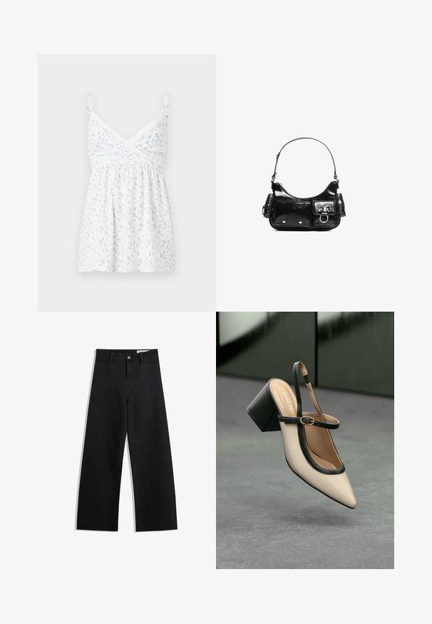 Top alb fără mâneci cu un model floral în nuanțe de albastru deschis, accente din dantelă pe decolteu și un design relaxat, plisat.; Pantaloni din denim negri cu picioare largi, cu talie înaltă, având buzunare frontale și posterioare, cusături dublate și închidere cu nasture. Textură netedă.; Pantof divers în nuanță bej, cu vârf ascuțit, curea de susținere în spate, cu margine neagră, cataramă aurie și toc gros pe un podea gri, cu un fundal verde închis.; Geantă de mână din piele lăcuită neagră, cu o formă curbată, un umăr, buzunare frontale și accente din metal argintiu.
