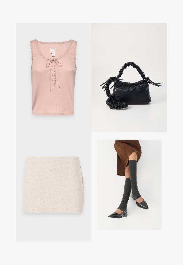 GAP GAP X DOEN POINTELLE TANK - Top - chalk pink; Beige Leinenrock mit minimalistischer Gestaltung, der eine glatte Textur und subtile Webart aufweist. Er hat einen geraden, schlichten Schnitt ohne sichtbare Verschlüsse.; Schwarze lacklederne spitze Schuhe mit Blockabsatz und Knöchelriemen, kombiniert mit grauen gerippten Beinstulpen und einem braunen Wildlederrock.; Schwarze Handtasche aus Kunstleder mit Krokodilstruktur, gerafftem oberen Teil und einem geschoppten Tragegurt. Sie wirkt weich und kompakt im Design.