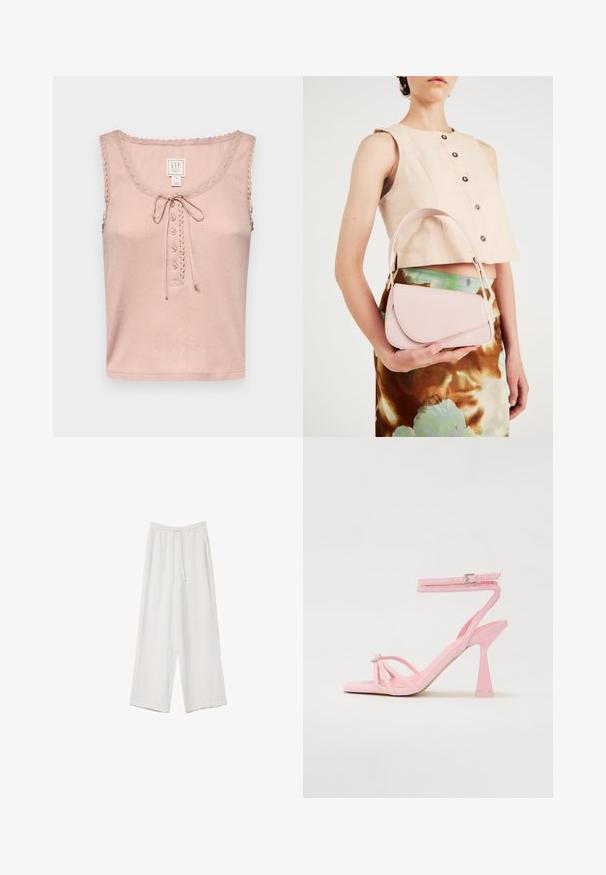 GAP GAP X DOEN POINTELLE TANK - Toppi - chalk pink; Valkoiset leveälahkeiset housut kevyestä kankaasta. Ominaisuuksiin kuuluu elastinen vyötärö, jossa on nauhakuuluma ja sivutaskut. Sileä rakenne.; Vaaleanpunaiset korot sandaalit, joissa on remmimäinen muotoilu ja nilkkavöi. Sisältää koriste-elementin varpaissa ja modernin, kapenevan kannan suunnittelun.; Vaaleanpunainen nahkakäsilaukku, jossa on kaareva läppä, yksittäinen olkahihna ja puhtaat linjat. Laukussa on sileä pinta ja minimalistinen muotoilu.