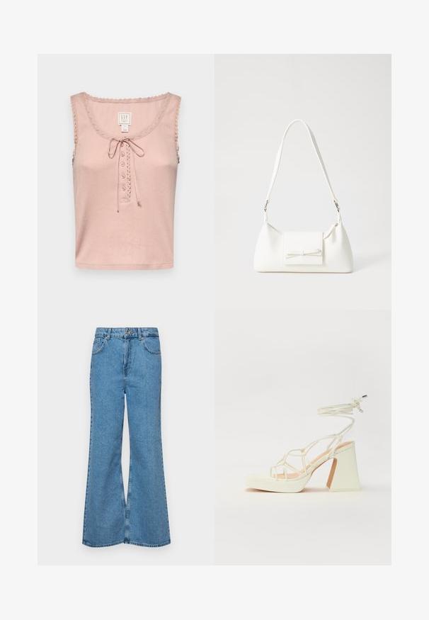 GAP GAP X DOEN POINTELLE TANK - Top - chalk pink; Lysblå flagrende jeans lavet af denim, med høj talje, fem lommer og en enkelt knaplukning. Blød tekstur med en falmet finish.; Hvide højhælede sandaler med en kraftig hæl, der har et stropdesign og ankelbinding. Glat tekstur med en platform foran for ekstra højde.; Hvid syntetisk håndtaske med en trekantet form, flad forsideklap og sløjfedetalje, justerbar strop, glat tekstur og minimalistisk design.