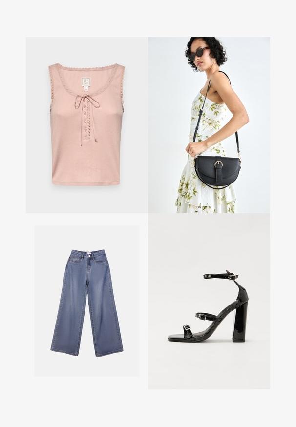 GAP GAP X DOEN POINTELLE TANK - Top - chalk pink; Jeans de mezclilla de pierna ancha en un lavado azul claro, con una cintura alta, bolsillos frontales y un cierre de botón con trabillas para el cinturón.; Sandalias de tacón de charol negro con punta cuadrada, correas en el tobillo y hebillas plateadas. Presentan un tacón grueso para mayor estabilidad.; Bolso de piel negra con forma curva, correa desmontable y herrajes dorados. El bolso cuenta con una solapa con un detalle de hebilla.