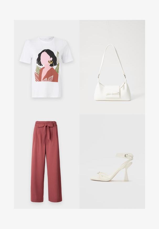 Balta T-kreklā ar grafisko dizainu, kurā attēlota sieviete ar melniem matiem, ģērbta brūnā blūzē un valkājot zelta auskarus, ko ieskauj zaļi lapas.; Platas kājas bikses putekļrozā krāsā, izgatavotas no mīksta auduma, ar sasietu jostu viduklī un sānu kabatām.; Balti ādas striķu augstpapēžu sandales ar elegantu dizainu, caurspīdīgu blokveida papēdi un dekoratīvu elementu pirksta daļā.; Balta sintētiska soma ar trīsstūrveida formu, plakanu priekšējo vāciņu un loku detaļu, regulējamu siksnu, gludu tekstūru un minimālistisku dizainu.