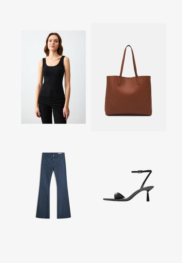 Schwarzes, geripptes Tanktop mit breiten Schulterträgern und einem runden Ausschnitt, figurbetonte Silhouette, aus einem dehnbaren Baumwoll-Mischgewebe.; Dunkelblaue, ausgestellte Jeans aus Denim mit genähten Taschen, einem Knopfverschluss und einer glatten Textur. Mit einem klassischen Fünf-Taschen-Design.; Bershka High Heel Sandalette - black; Braune Leder-Tote mit glatter Textur, offenem Oberteil und zwei Schulterriemen. Verfügt über minimale Nähte und keine sichtbaren Beschläge.