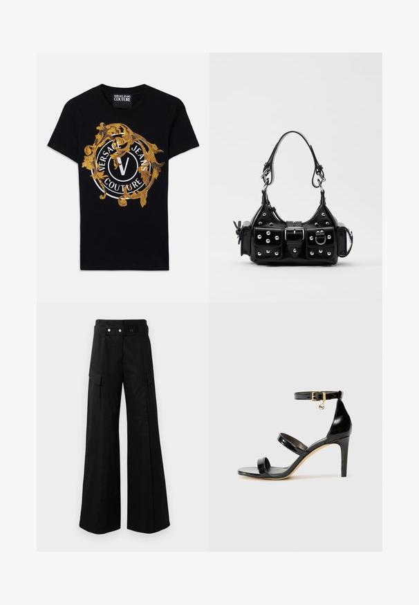Juodas trumpomis rankovėmis Versace Jeans Couture marškinėliai su auksiniu baroko dizainu ir baltu apvaliu logotipu, centruotu priekyje.; Juodos platėjančios kelnės su aukštu juosmeniu, turinčios dideles šonines kišenes, dvi priekinės mygtukus ir kilpelės detalę. Pagamintos iš tvirto audinio.; Juodas patentuotas odinis sandalai su trimis diržais, kulkšnies sagtimi ir 4 colių stiletto kulnu. Yra aukso detalės ir logotipo žavesys.; Juodas odinis rankinukas su kreiviu dizainu, su sidabro spalvos knopkėmis, užsegimu ir dviem šoninėmis kišenėmis. Reguliuojama dirželis nešimui.