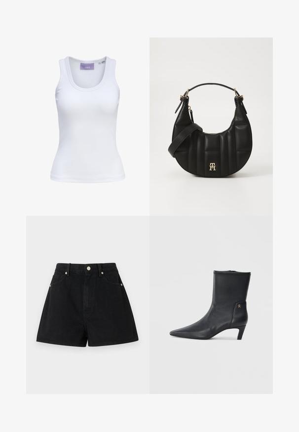 Hvit ribbet singlet med rund hals og smale skulderstropper. Merke på halslinjen i lys lilla. Størrelsesmerkelapp synlig.; Sorte denimshorts med høy midje, fem lommer, sølvfarget detaljer og standard passform, med en jevn tekstur og ren finish.; Sorte skinnankle støvler med spiss tå og lav hæl. Har en glatt tekstur og en liten gulllogo detalj på siden.; Svart skinnhåndveske med en buet form, kviltet tekstur og gullhardware. Har en avtagbar skulderrem og logo-detaljer.