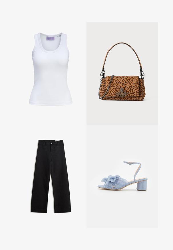 Bijela rebrasta majica bez rukava s okruglim izrezom i uskim naramenicama. Oznaka na izrezu u svijetlo ljubičastoj boji. Oznaka s veličinom vidljiva.; Crne široke traperice s visokim strukom, s prednjim i stražnjim džepovima, šivenim šavovima i kopčanjem na gumb. Glatka tekstura.; Loeffler Randall DAHLIA BOW LOW HEEL - Sandale - blue; Torba na rame od suede u leopard uzorku s kratkom ručkom, lančićem i crnim metalnim kopčom. Pravokutnog oblika s preklopom.