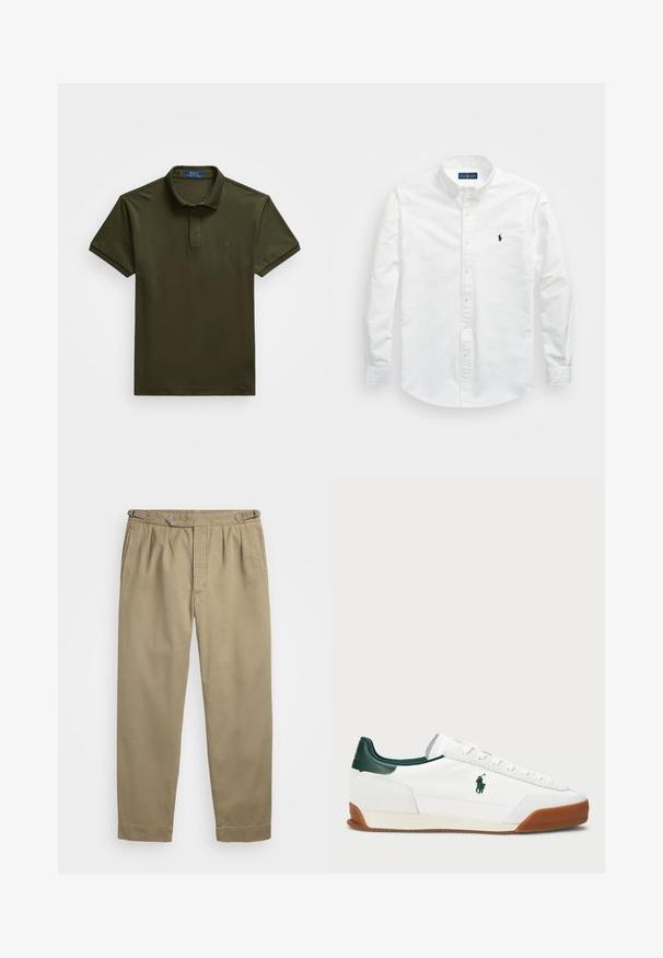 Polo shirt verde oliva escuro feito de algodão, com colarinho, mangas curtas e um pequeno logótipo no peito. Design clássico.; Camisa branca de botão, feita de algodão. Apresenta um colarinho pontudo, mangas longas e um pequeno logótipo azul-marinho no peito. Textura suave.; Calças plissadas em bege, feitas de um tecido leve, com fecho de botão e punhos dobrados. Textura suave com linhas limpas.; Sapatilha branca com detalhes em pele verde e sola em borracha bege. Apresenta um corpo em tecido e um logótipo proeminente na lateral. Design com atacadores.