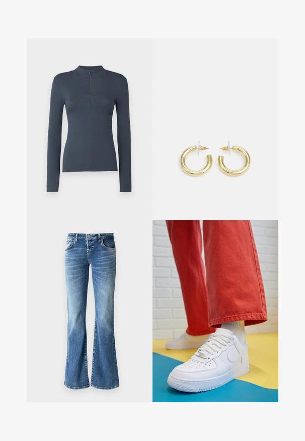 Top de manga longa cinza escuro com textura em relevo, gola alta e fecho de zíper curto na frente, silhueta ajustada, exibido sobre fundo branco.; Jeans flare de denim azul claro com um efeito de desbotado, cinco bolsos, detalhes costurados e fecho de zip com botão.; Sapatilha de couro branca com biqueira perfurada, sola texturizada e atacadores brancos, combinada com calças largas vermelhas e um fundo azul e amarelo.; Brincos em argola dourados com um acabamento liso e brilhante. Design circular com um pequeno pino e suporte transparente para um uso seguro.