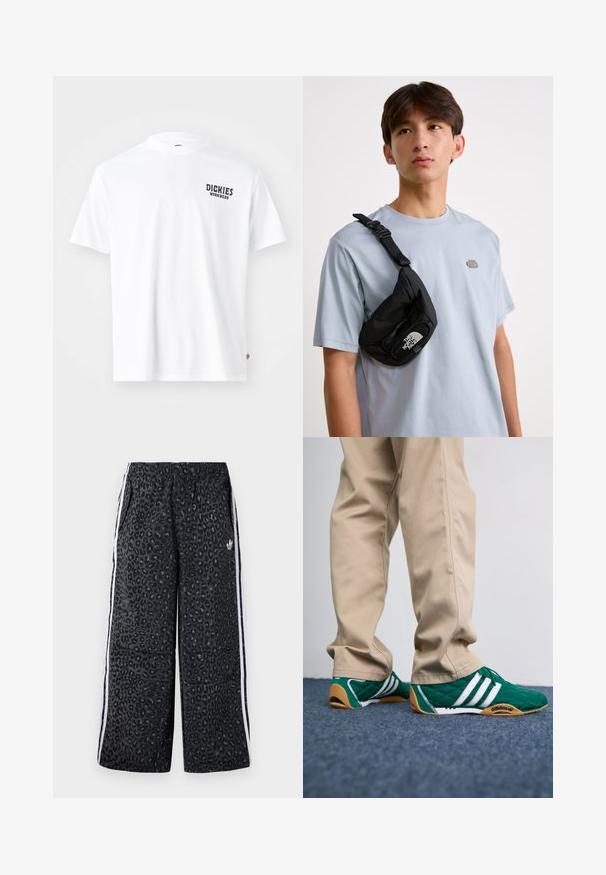 Bílý bavlněný tričko s kulatým výstřihem, krátkými rukávy a malým černým logem "Dickies Workwear" na levé hrudi. Hladká textura, standardní střih.; adidas Originals GRAPHIC UNISEX - Teplákové kalhoty - black; Zelené prošívané tenisky s bílými pruhy a hnědými gumovými podrážkami, doplněné béžovými kalhotami. Design se vyznačuje nízkým profilem a texturovaným materiálem.; Černá nylonová crossbody taška s nastavitelným popruhem, vybavená výrazným bílým logem. Nošena přes světle modré tričko. Jednoduchý, funkční design.
