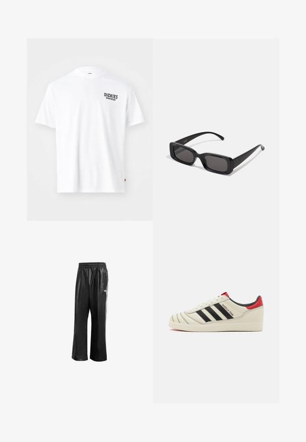 Balta medvilninė marškinėliai su apvalia kaklo iškirpte, trumpomis rankovėmis ir mažuoju juodu "Dickies Workwear" logo kairėje krūtinės pusėje. Lygaus paviršiaus, standartinio kirpimo.; Juodos sintetinių medžiagų treniruočių kelnės su elastingu juosmeniu, su baltomis šoninėmis juostelėmis ir mažuoju baltu logotipu kairėje klubo pusėje.; Kremo spalvos odiniai sportbačiai su juodomis juostelėmis, raudonais kulno akcentais ir tekstūruotais detalėmis. Yra gumatė padas ir raištelių uždarymas.; Juodos stačiakampės saulės akiniai su tamsiais lęšiais, blizgiu paviršiumi, plačiomis kojelėmis ir masyviu rėmeliu. Ant vienos kojelės yra išgraviruotas prekės ženklas.