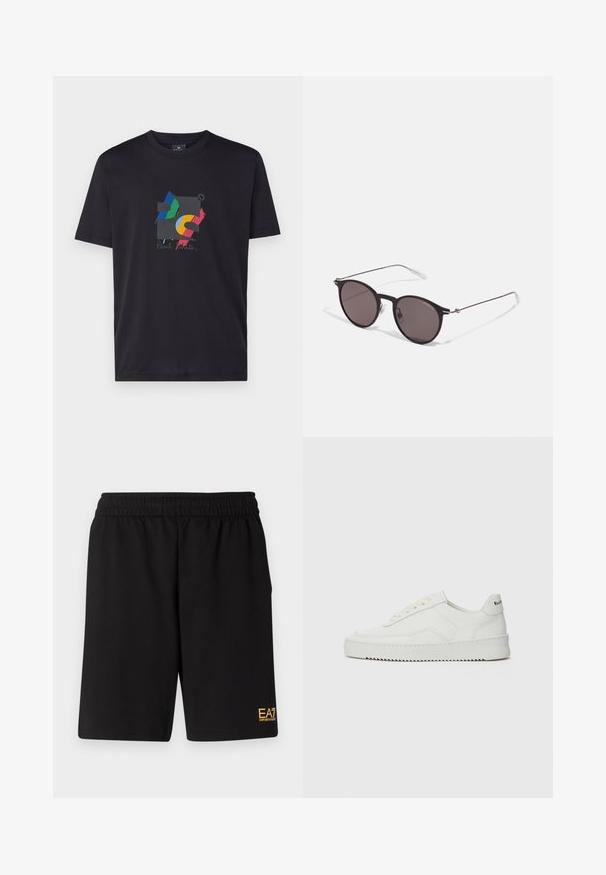 PS Paul Smith MENS SQUARE - T-shirt med print - blacks; Svarta träningsshorts i mjukt tyg, med ett elastiskt midjeband och en liten gul EA7-logotyp på nedre vänstra benet.; Vita lädersneakers med en jämn yta, rund tå, platta snörningar och en strukturerad sula. Har en diskret logotyp på hälen.; Svarta runda solglasögon med mörka linser och smala metallarmar. Inkluderar klara tempeltips och silverdetaljer vid gångjärnet. Minimalistisk design.