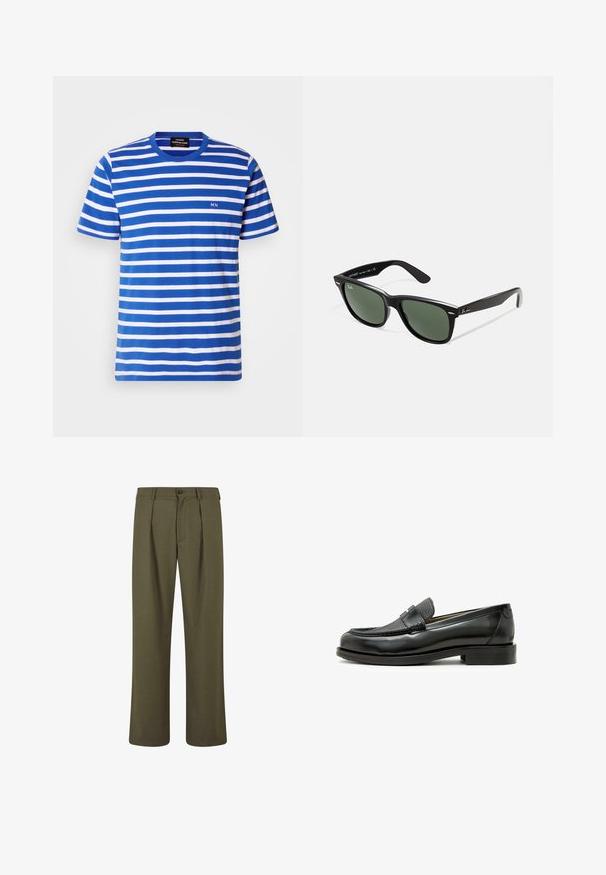 Kék és fehér csíkos pamut póló. Kerek nyakkivágással és egy kis "MN" logóval a mellkason, rövid ujjú.; Olíva zöld, igényes szabású nadrág, elöl pleat-elve, gombos záródással és egyenes lábakkal. Simább szövettextúra.; Fekete bőr loaferek, texturált fekete bőr díszítéssel, lekerekített orral és alacsony blokk sarkal; dekoratív fémes részlettel rendelkezik.; Fekete műanyag napszemüveg zöld lencsékkel, négyzet alakú kerettel, ezüst díszítéssel a keret felső részén, valamint texturált szárakkal. A márka neve a belső száron található.